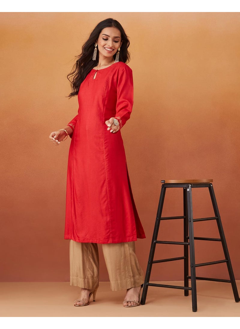 Red Viscose Silk Slim Fit Embroidered Long Kurta