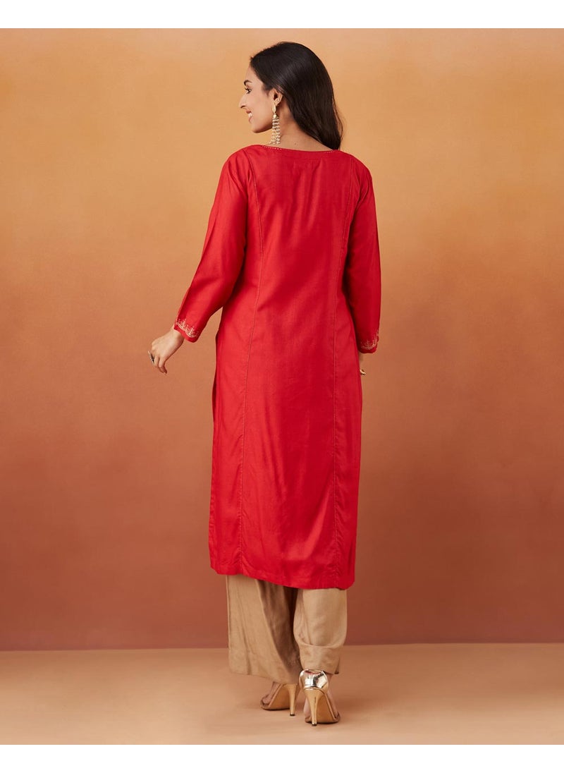 Red Viscose Silk Slim Fit Embroidered Long Kurta