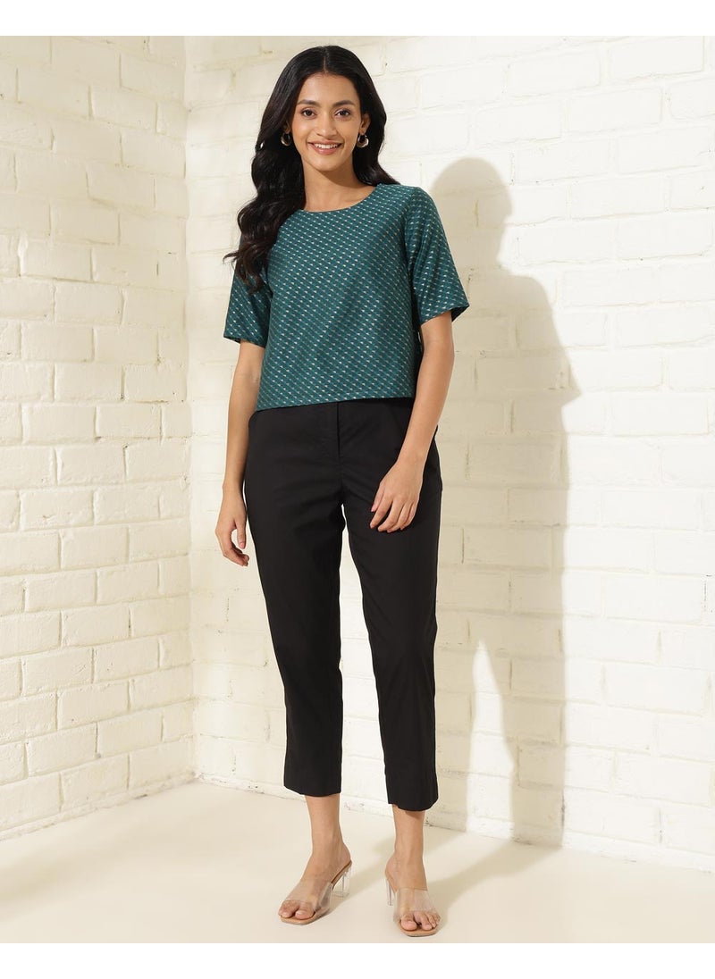 Blue Green Cotton Silk Blend Printed Short Top