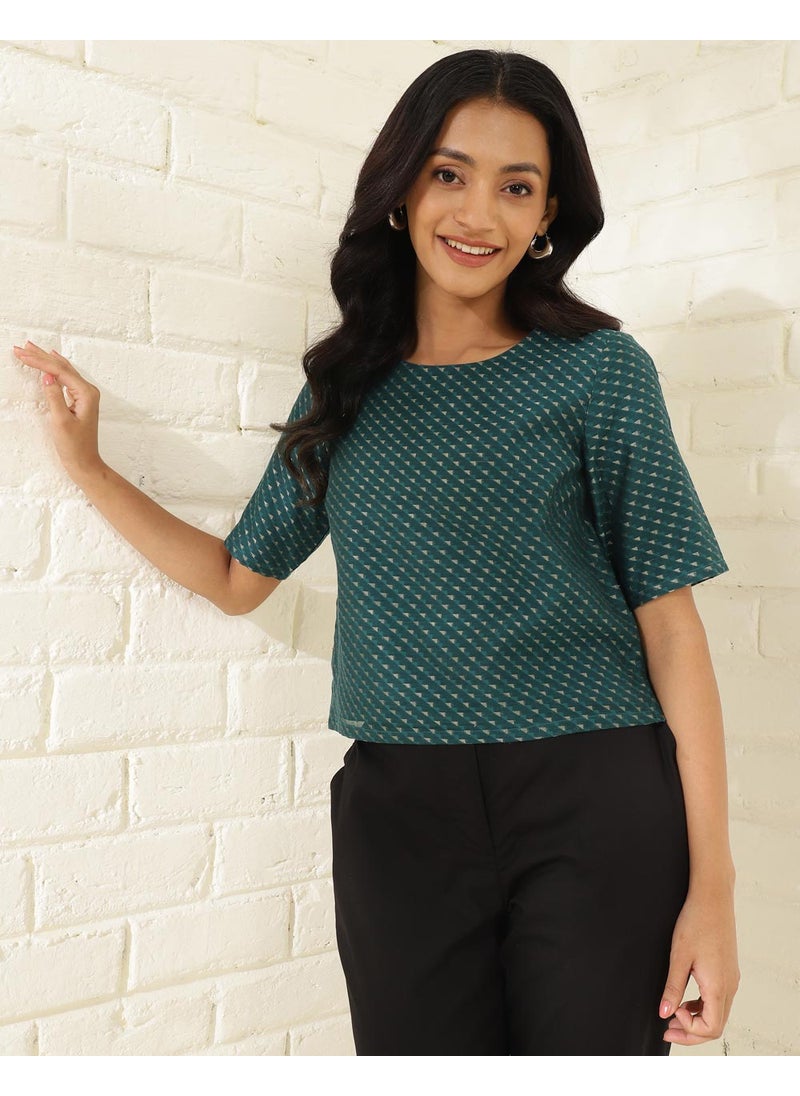 Blue Green Cotton Silk Blend Printed Short Top