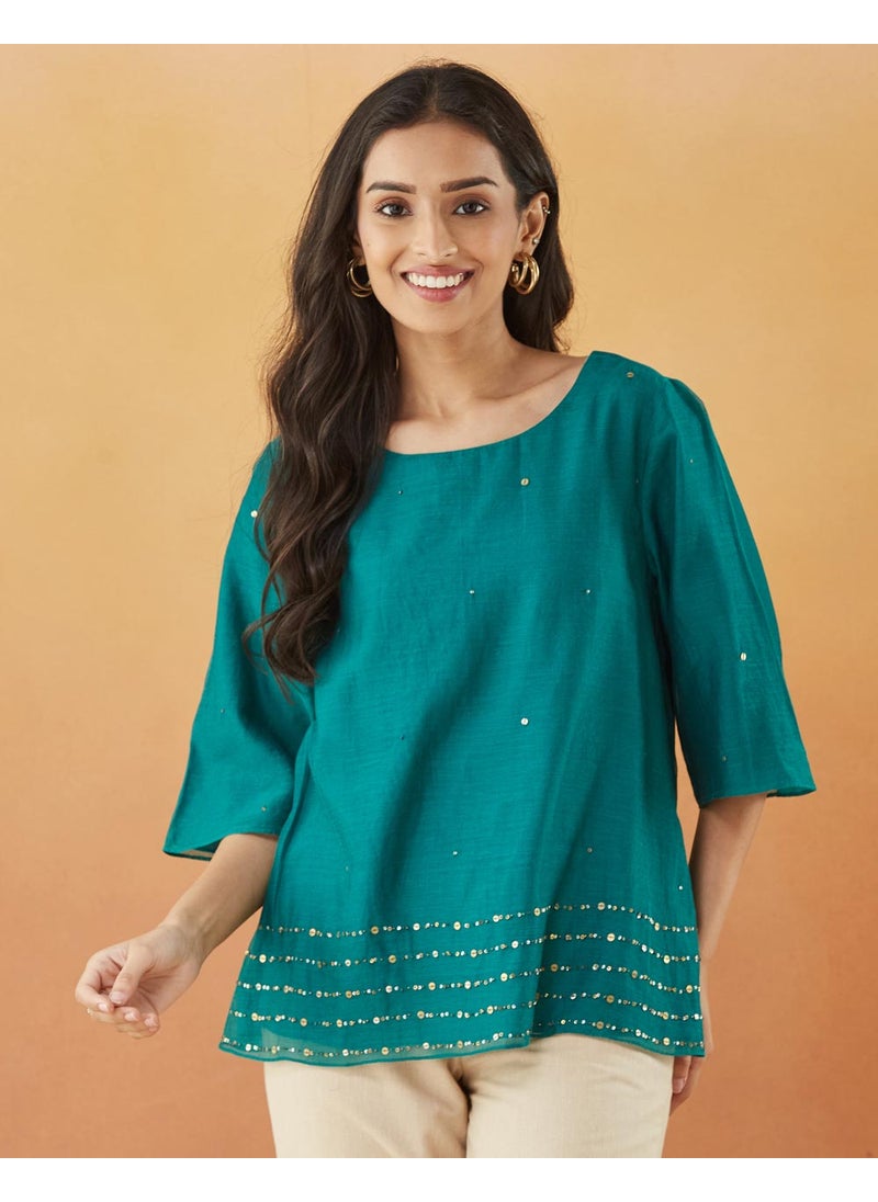 Green Cotton Silk Embroidered Top