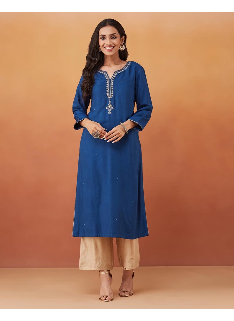 Blue Viscose Silk Slim Fit Embroidered Long Kurta