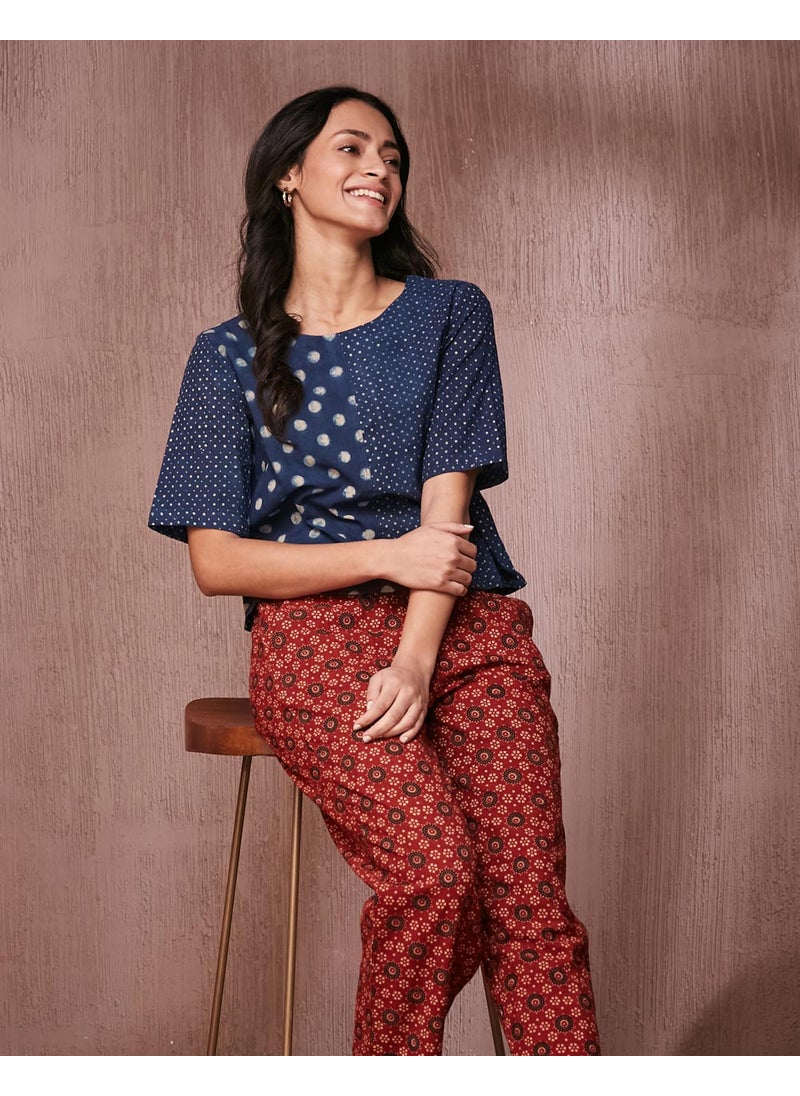 Indigo Cotton Printed Short Top