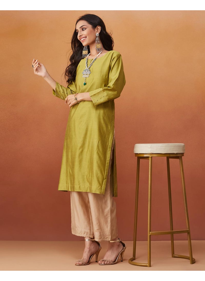 Green Cotton Silk Embroidered Knee Length Kurta