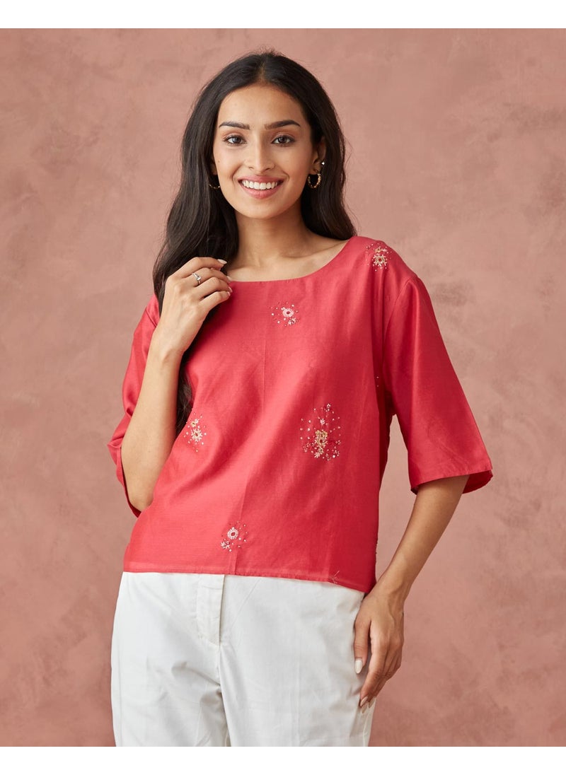 Red Cotton Silk Woven Short Top