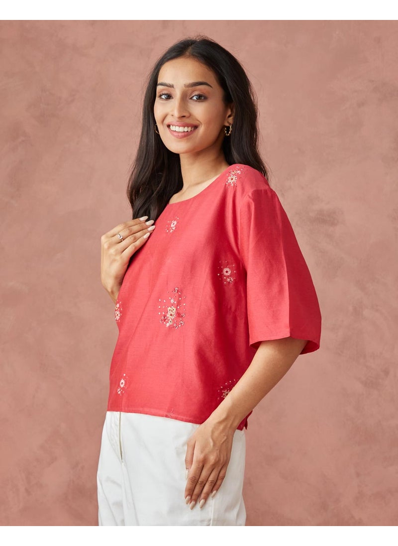 Red Cotton Silk Woven Short Top