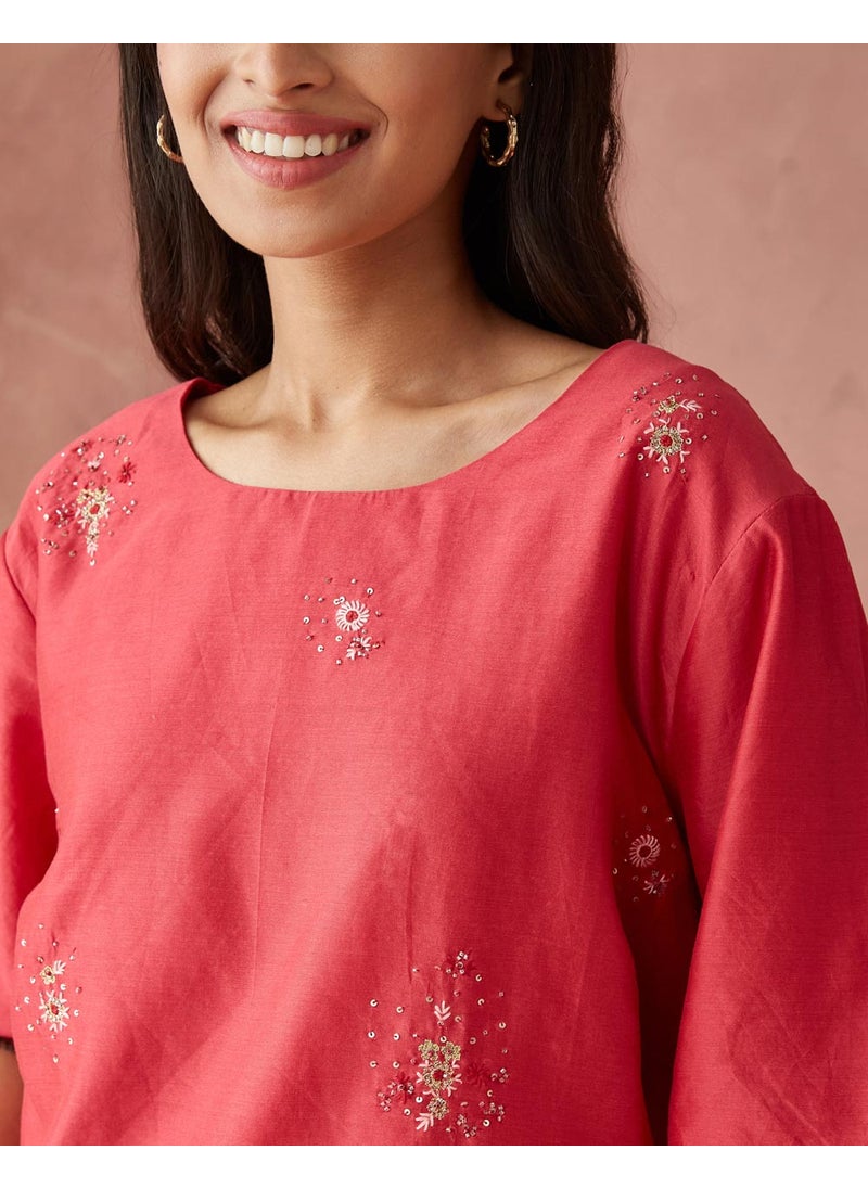 Red Cotton Silk Woven Short Top