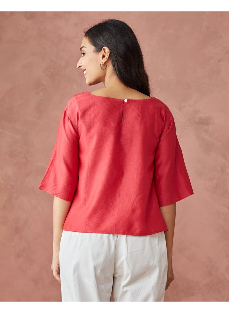 Red Cotton Silk Woven Short Top