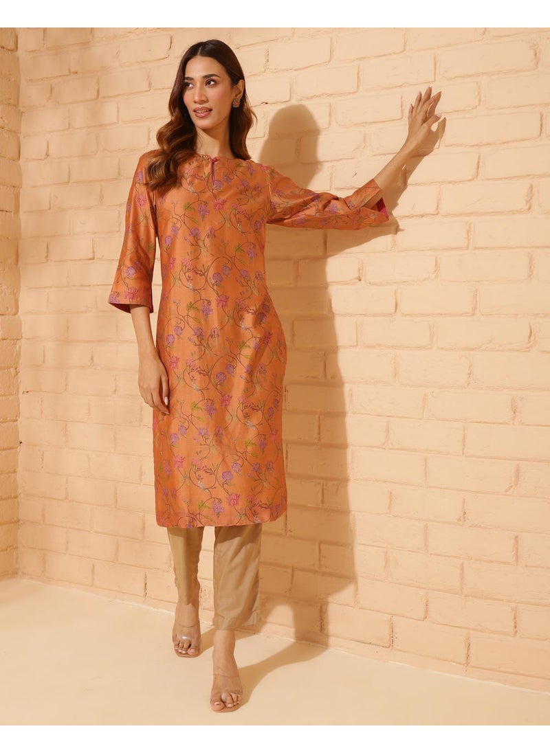 Orange Cotton Silk Hand Block Printed Long Kurta