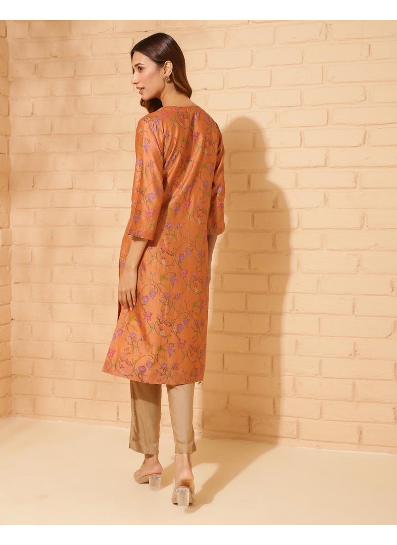Orange Cotton Silk Hand Block Printed Long Kurta