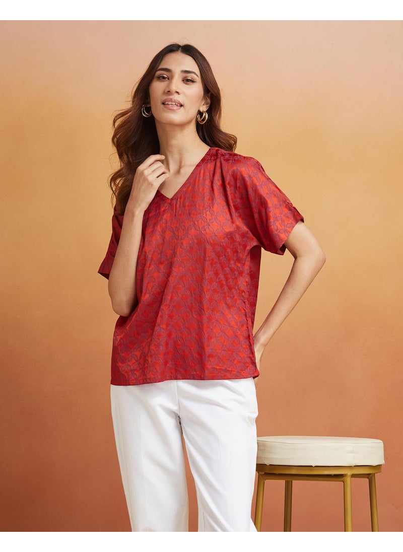 Red Viscose Blend Printed Top
