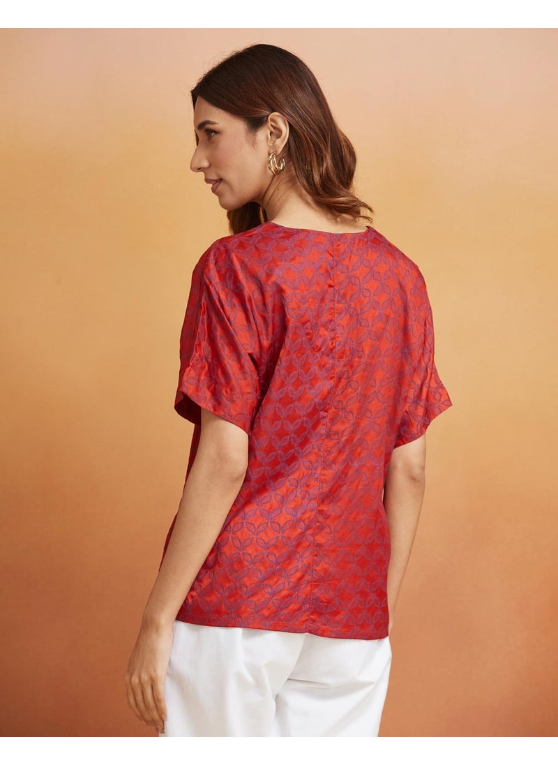 Red Viscose Blend Printed Top