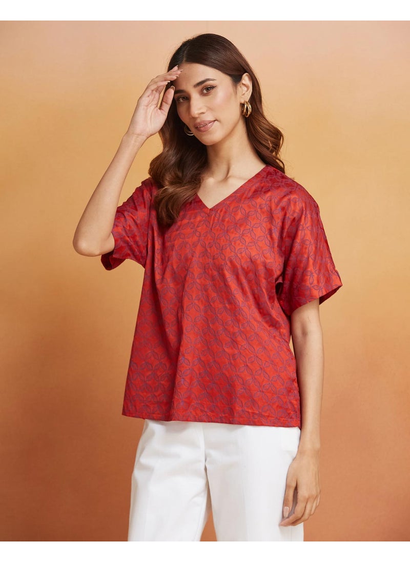 Red Viscose Blend Printed Top