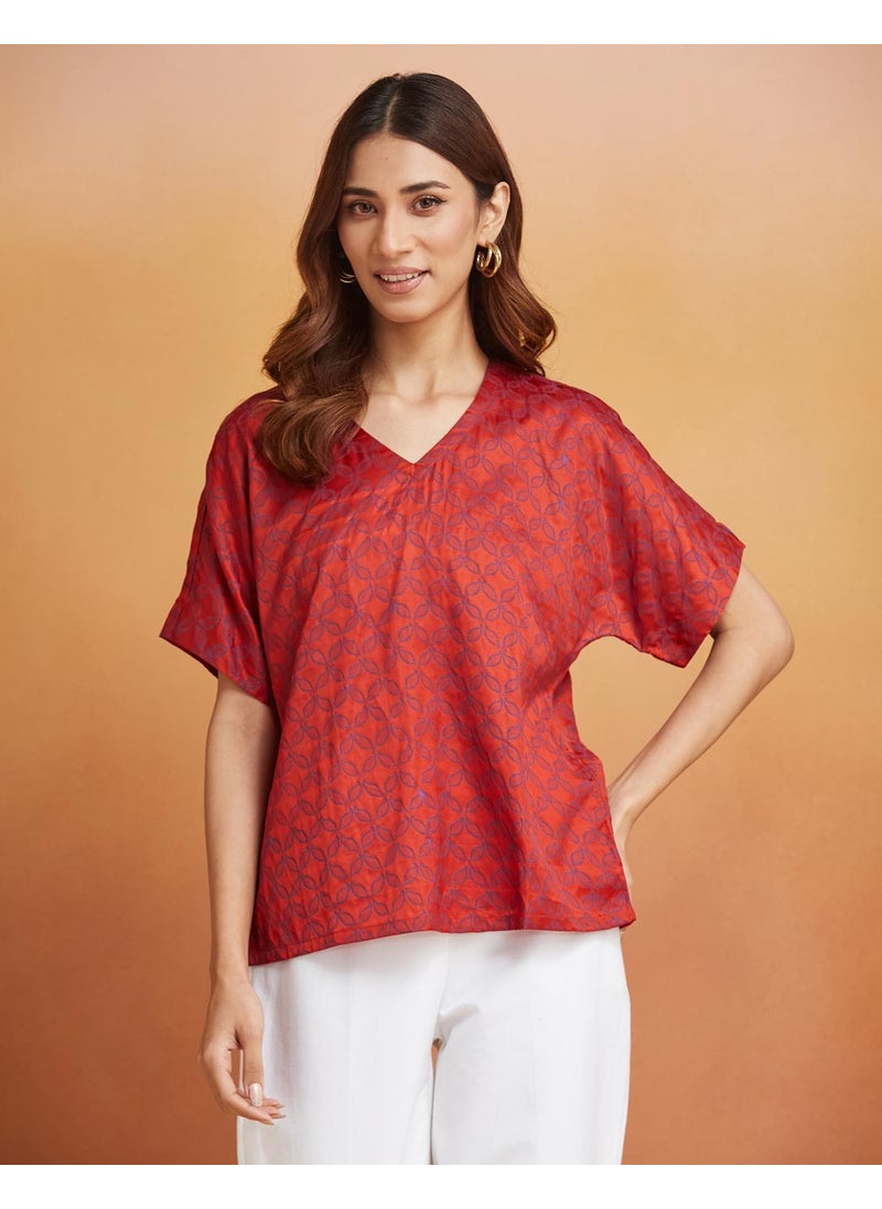 Red Viscose Blend Printed Top