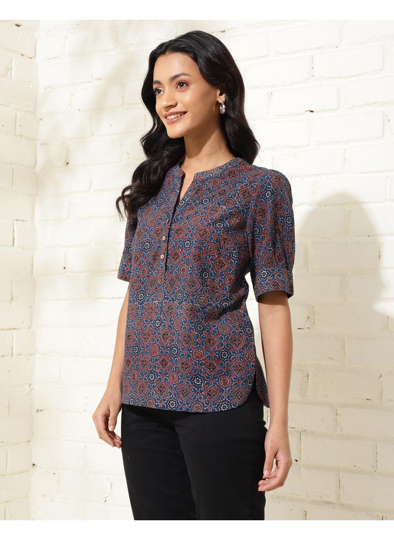 Blue Cotton Ajrakh Printed Top