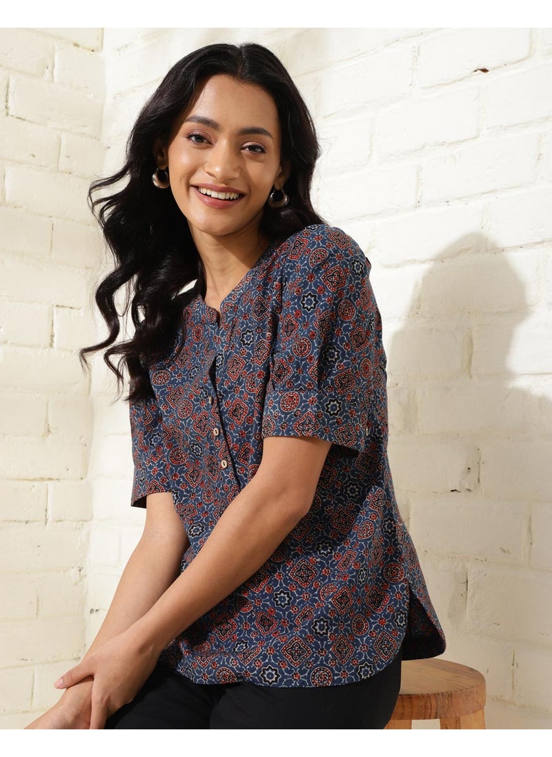 Blue Cotton Ajrakh Printed Top