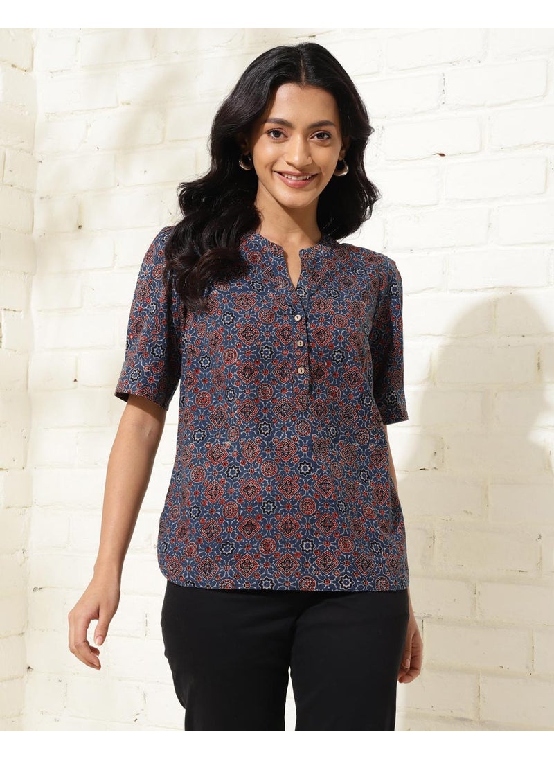 Blue Cotton Ajrakh Printed Top