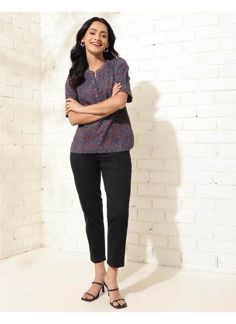 Blue Cotton Ajrakh Printed Top