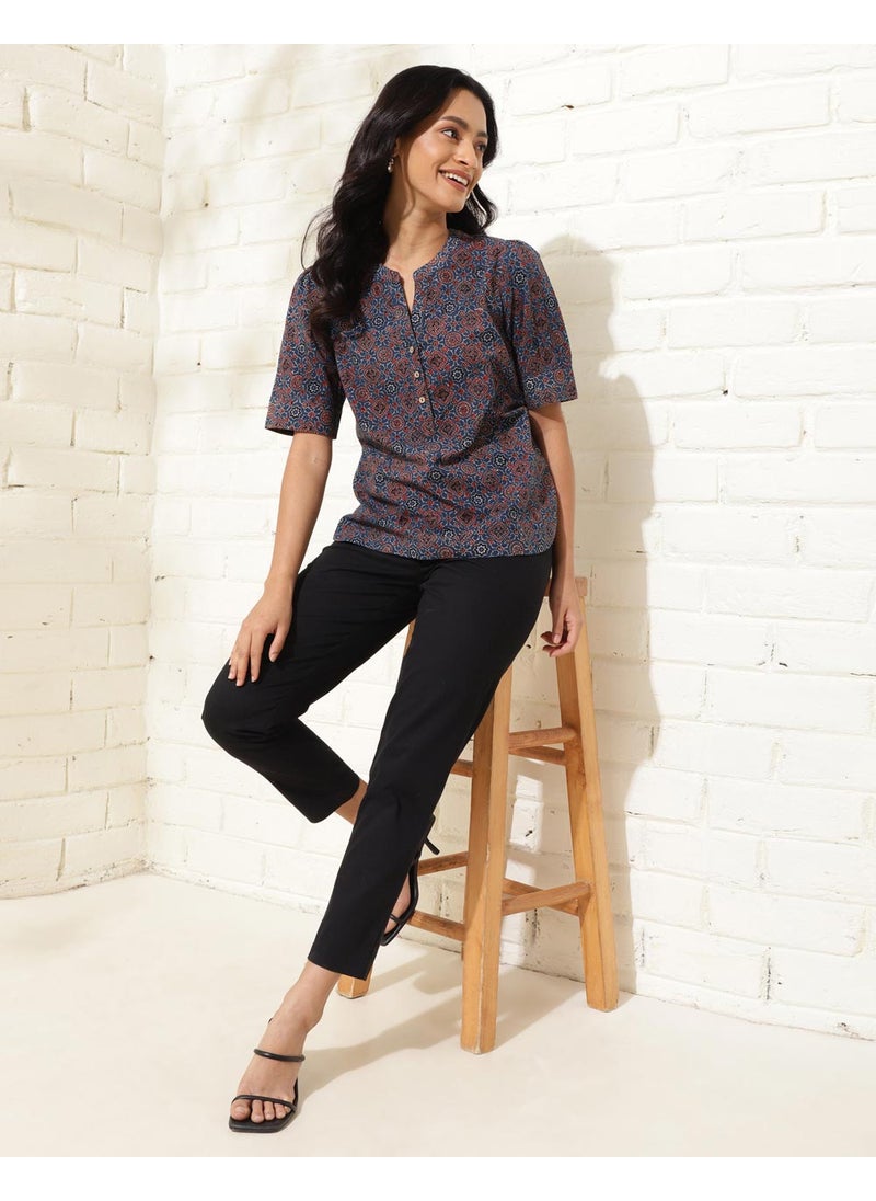 Blue Cotton Ajrakh Printed Top