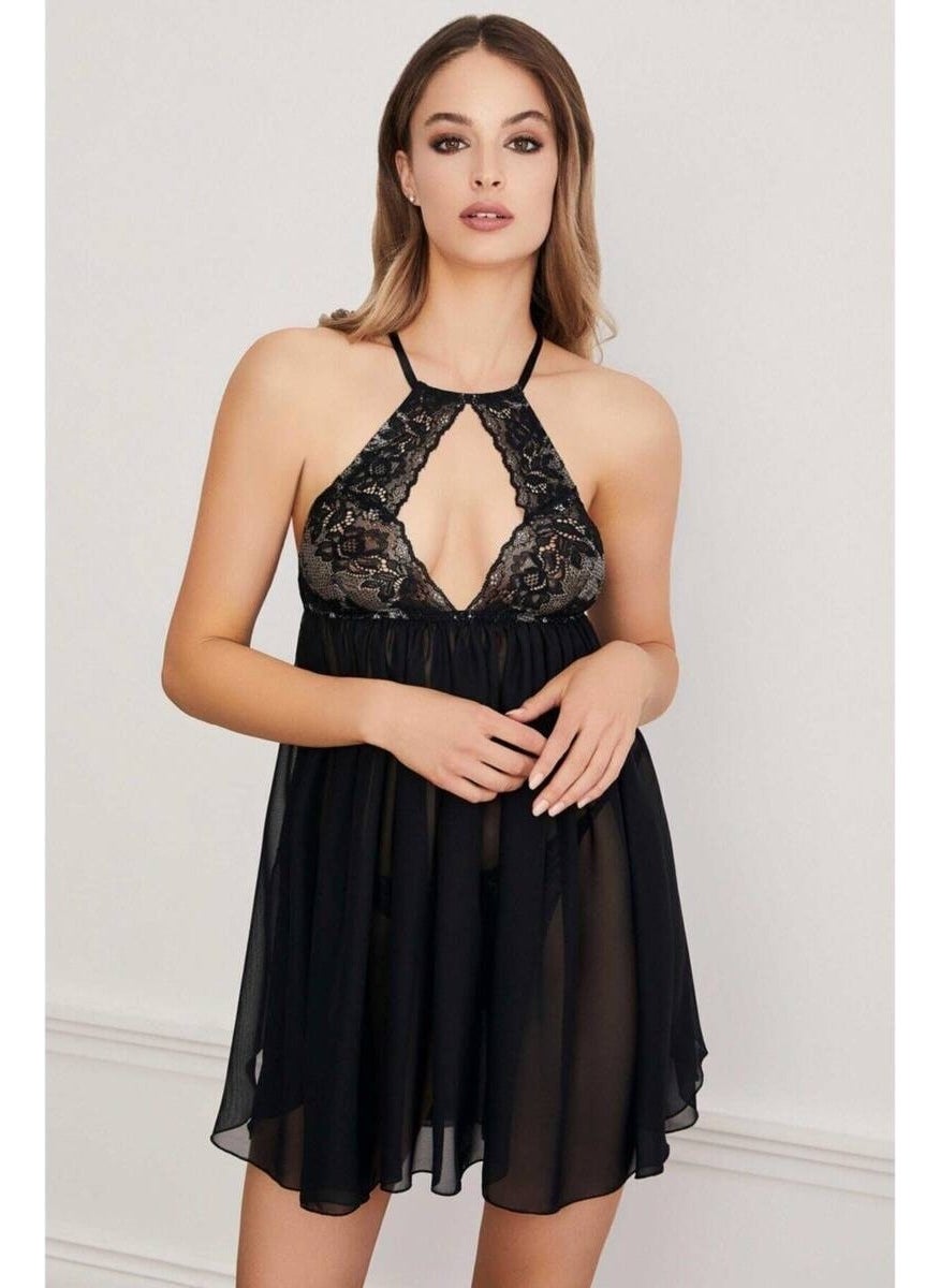 Women Black Halterneck Short Nightgown