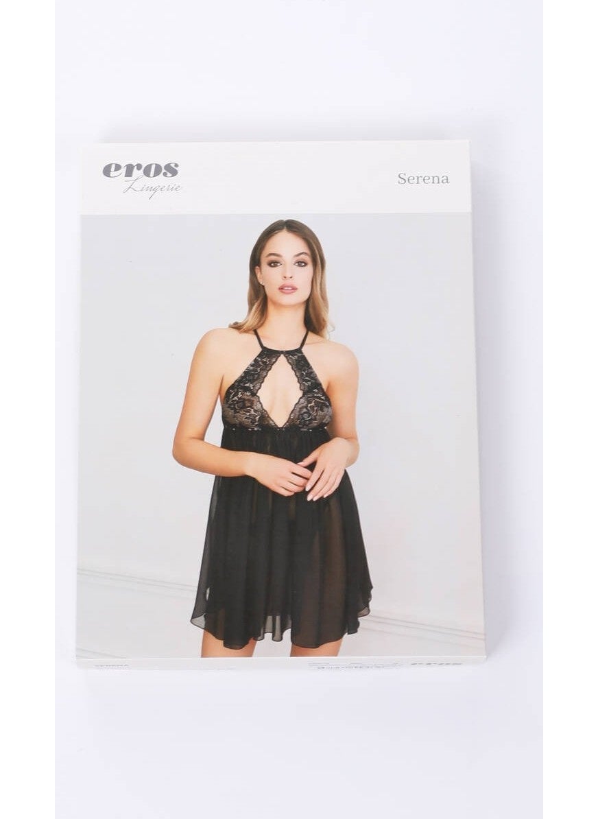 Women Black Halterneck Short Nightgown