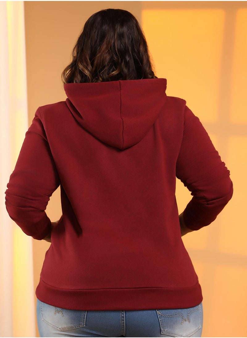 Women's Wine Red Solid Pullover Hoodie