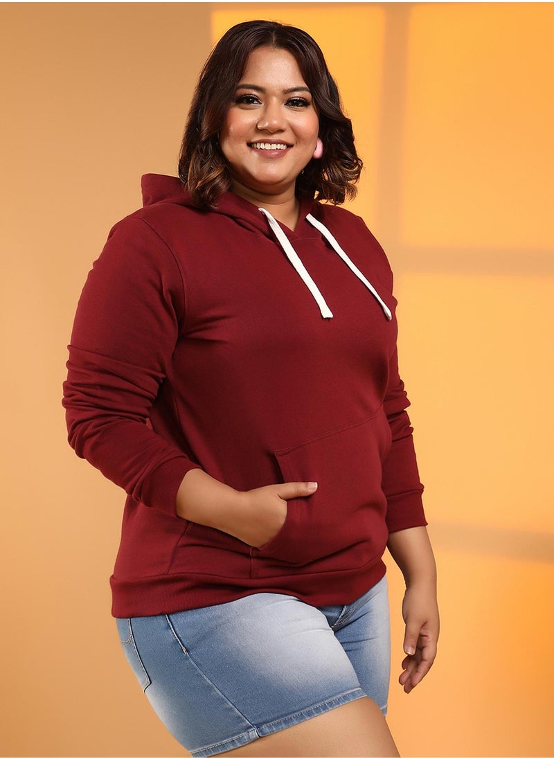 Women's Wine Red Solid Pullover Hoodie