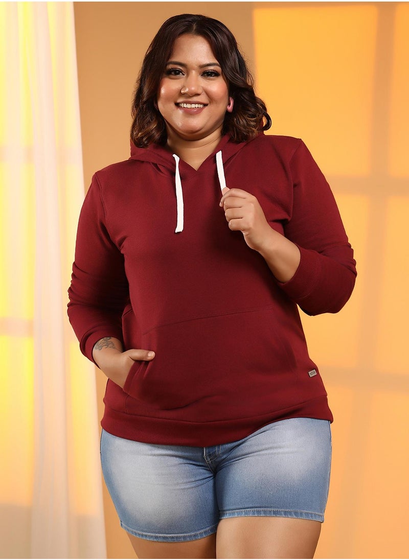 Women's Wine Red Solid Pullover Hoodie