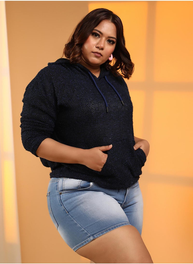 Women's Prussian Blue Textured-Knit Pullover Hoodie