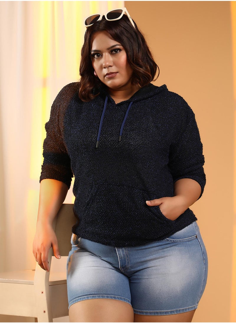Women's Prussian Blue Textured-Knit Pullover Hoodie