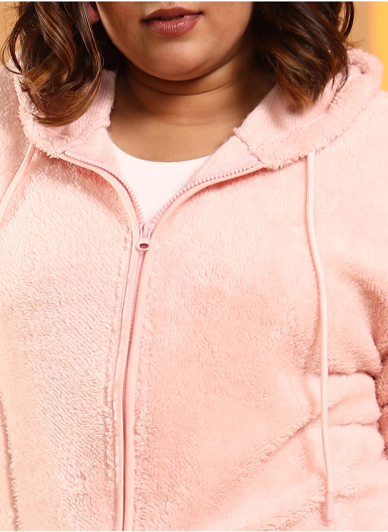 Women's Baby Pink Zip-Front Fleece Hoodie