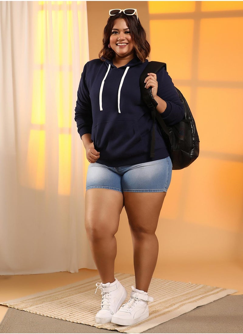 Women's Navy Blue Solid Pullover Hoodie