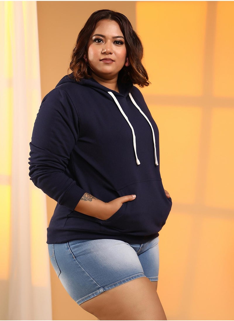 Women's Navy Blue Solid Pullover Hoodie