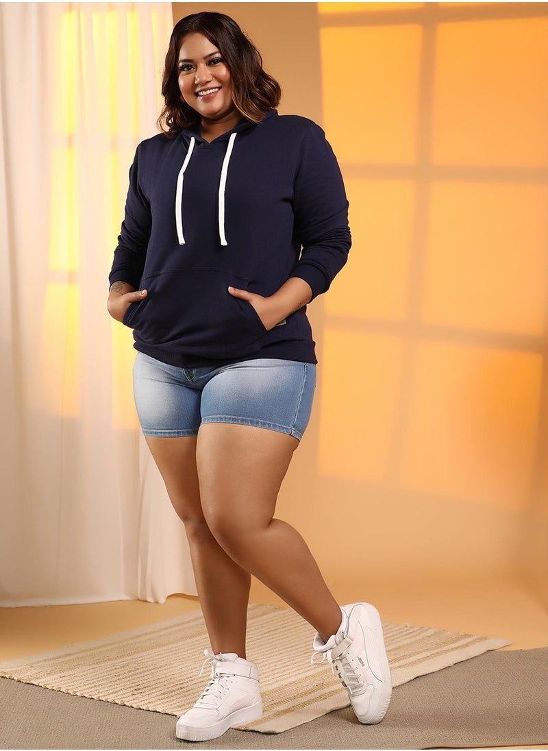 Women's Navy Blue Solid Pullover Hoodie