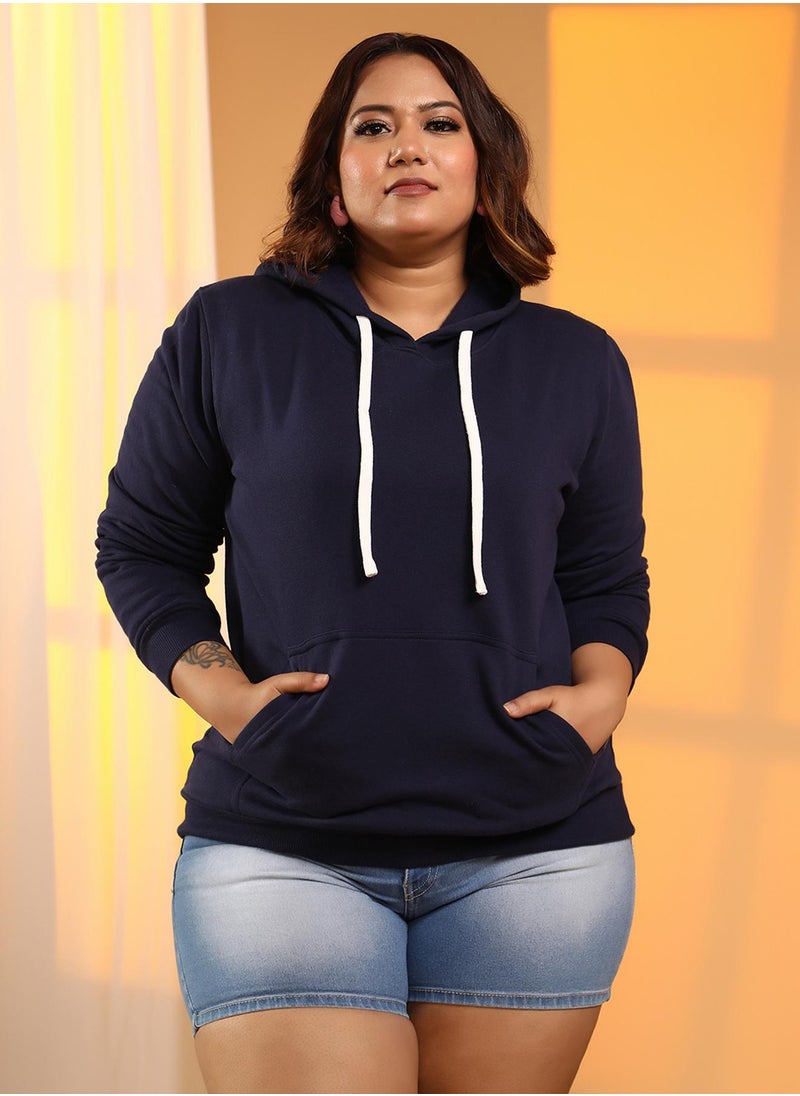 Women's Navy Blue Solid Pullover Hoodie