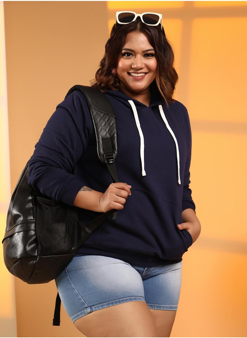 Women's Navy Blue Solid Pullover Hoodie