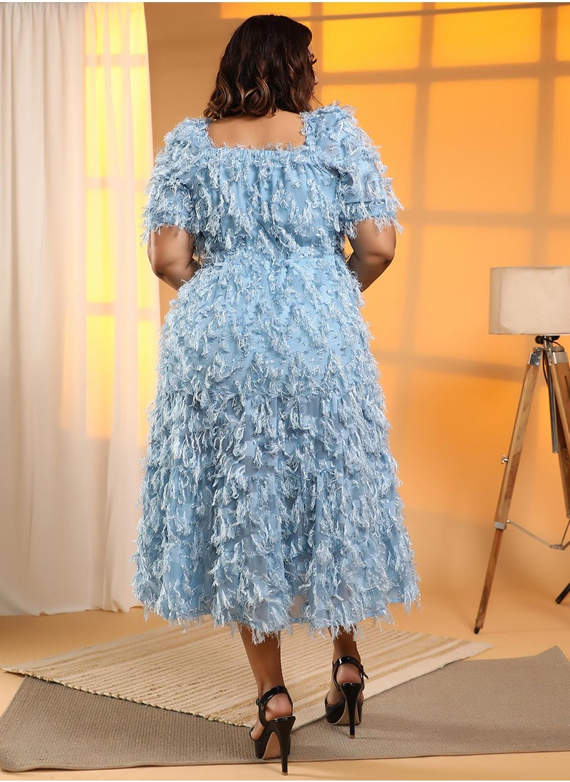 Women's Light Blue All-Around Tassel Midi Dress