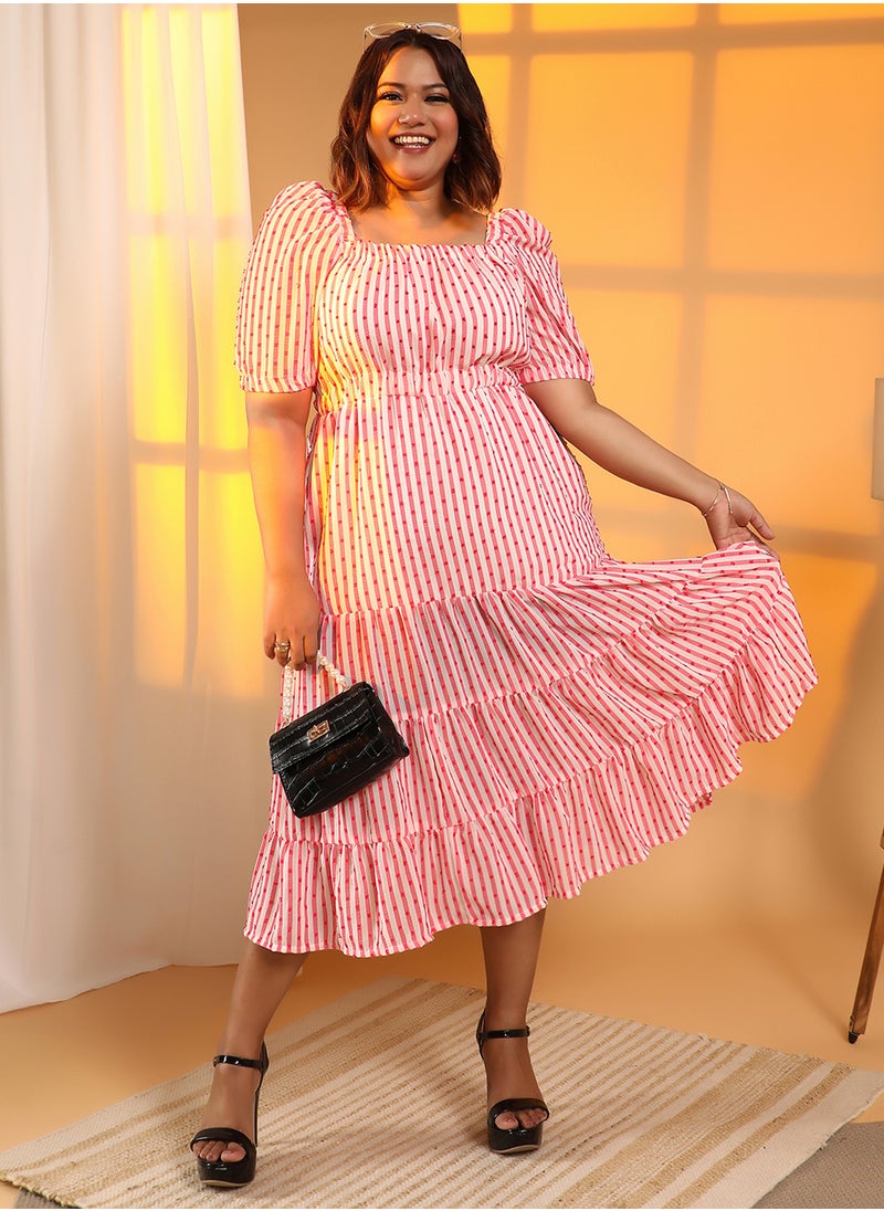 Women's Scarlet Red & Ivory White Pom-Pom Stripe Midi Dress