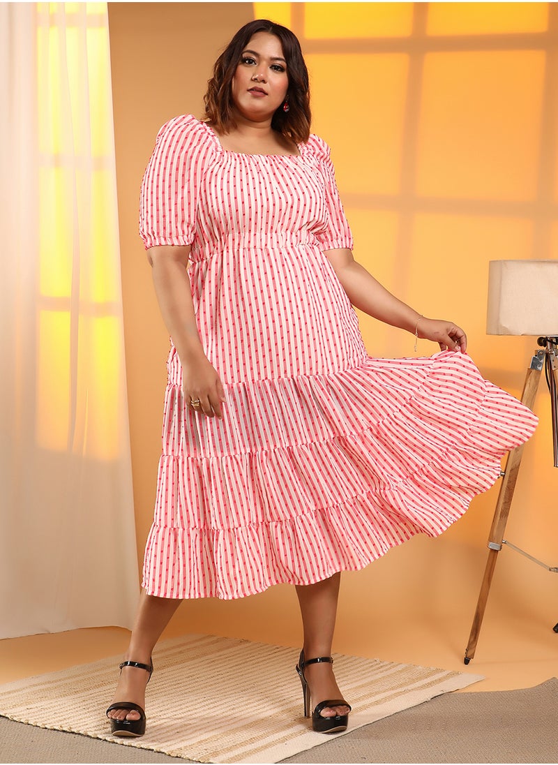 Women's Scarlet Red & Ivory White Pom-Pom Stripe Midi Dress