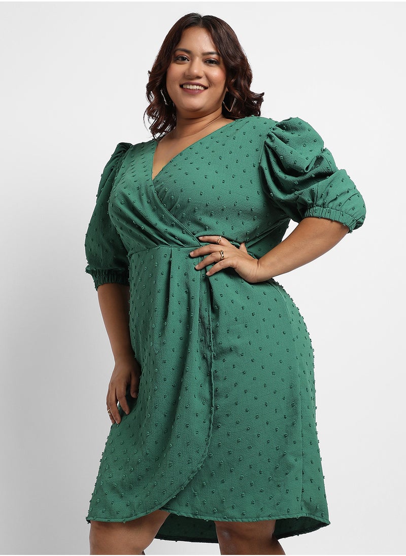 Women's Forest Green Self-Design Petal Dress