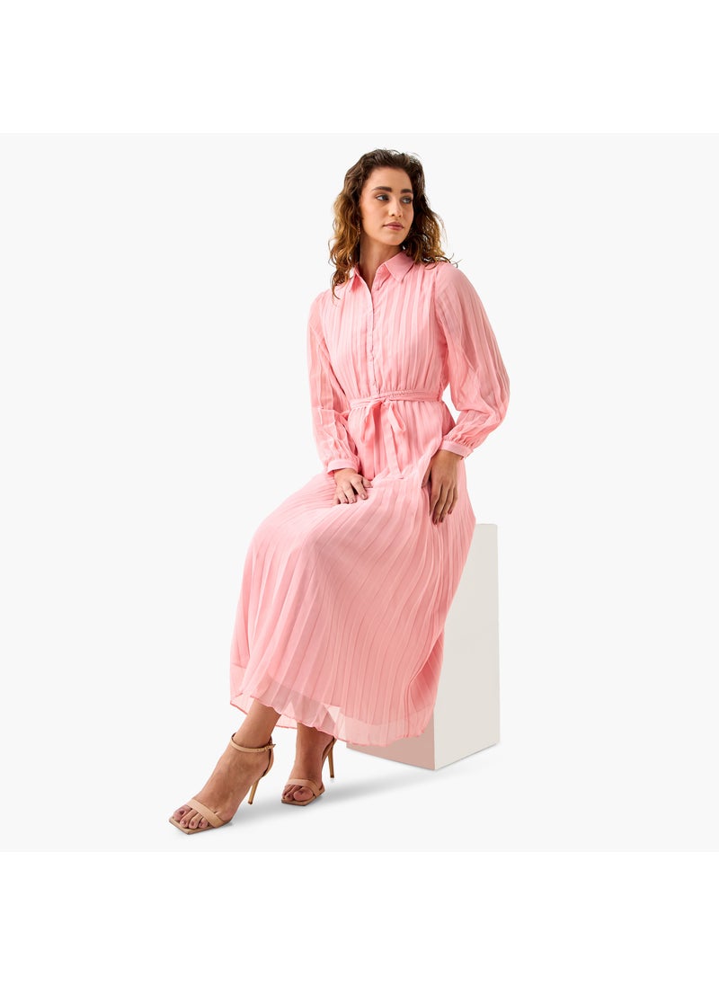 Pleated Midi Dress with Collar and Tie-Up Belt