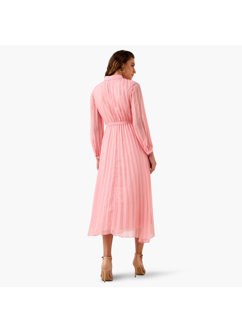 Pleated Midi Dress with Collar and Tie-Up Belt