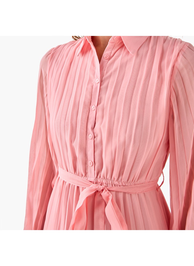 Pleated Midi Dress with Collar and Tie-Up Belt