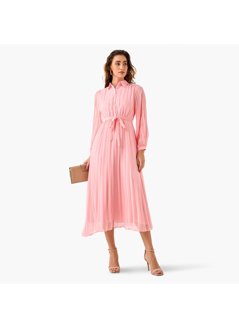 Pleated Midi Dress with Collar and Tie-Up Belt