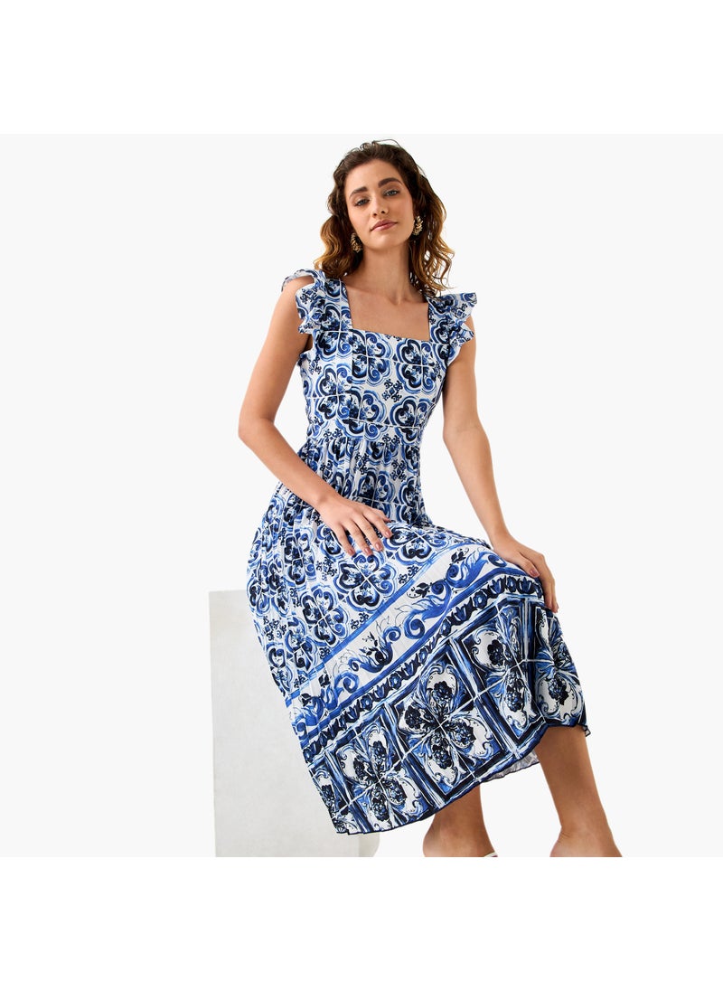 Pleated Midi Dress with Ruffle Sleeves