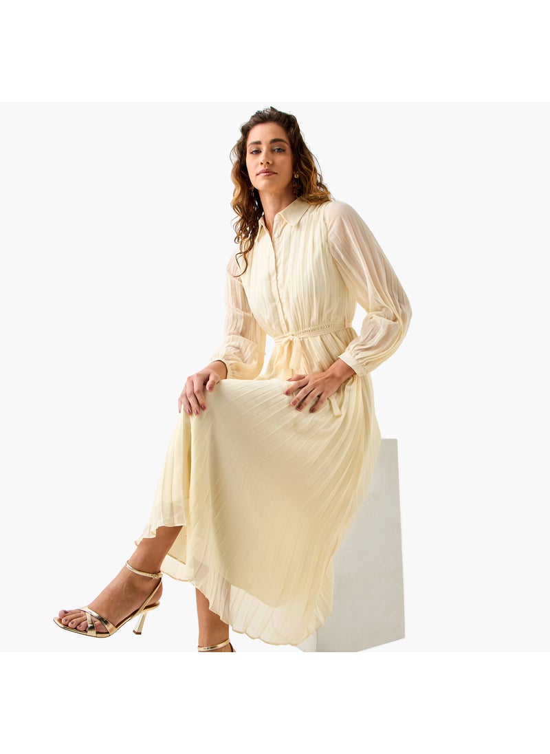 Pleated Midi Dress with Collar and Tie-Up Belt