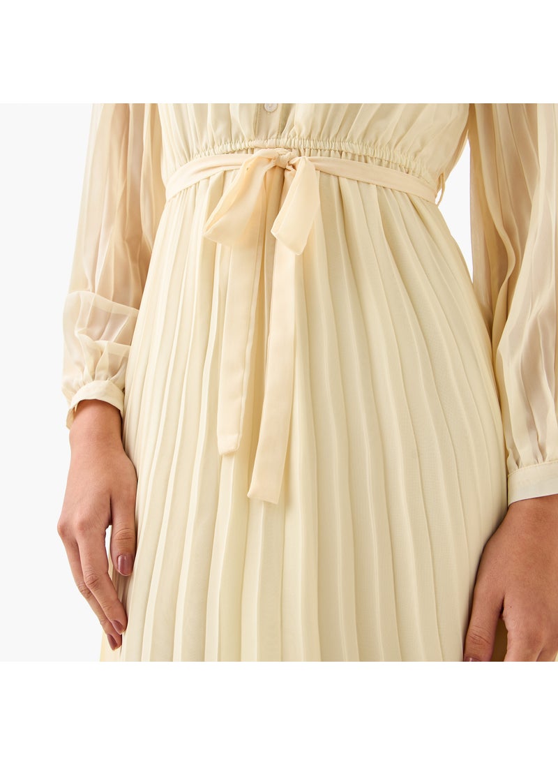 Pleated Midi Dress with Collar and Tie-Up Belt