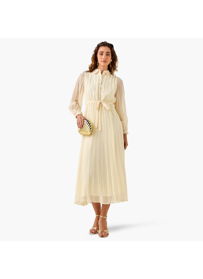 Pleated Midi Dress with Collar and Tie-Up Belt