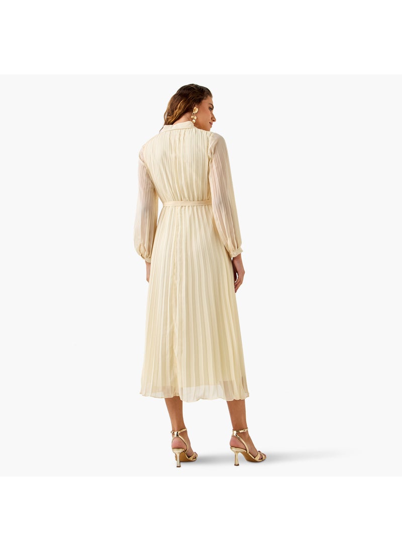 Pleated Midi Dress with Collar and Tie-Up Belt
