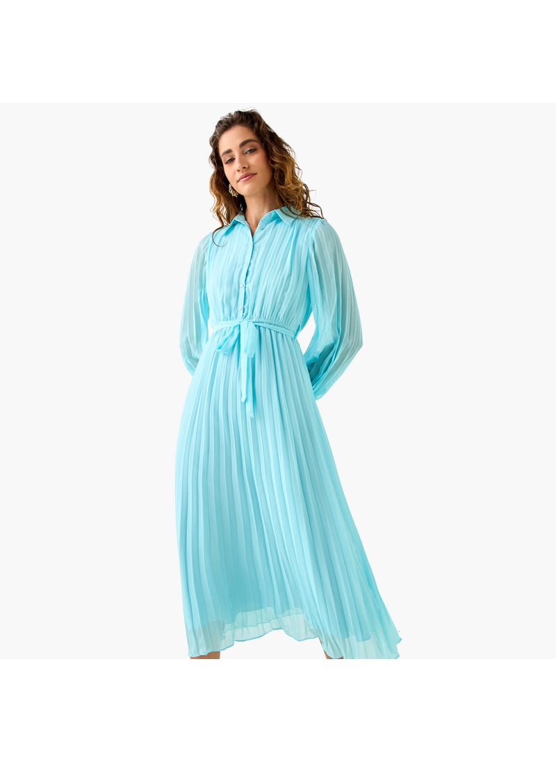Pleated Midi Dress with Collar and Tie-Up Belt
